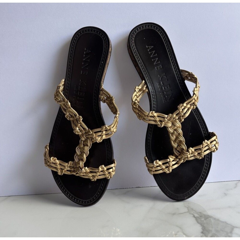 Vintage Anne Klein New York Gold Braided Leather Flat Sandals 6M Y2K Brazil